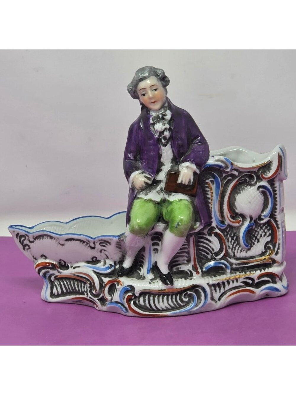 ANTIQUE ERPHILA GERMANY MATCH/CIGARETTE HOLDER WITH ASHTRAY PORCELAIN GENTLEMAN